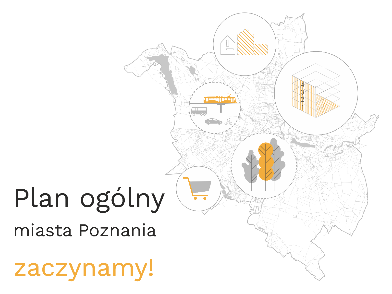 Grafika ogłaszająca rozpoczęcie prac nad projektem Planu ogólnego miasta Poznania.