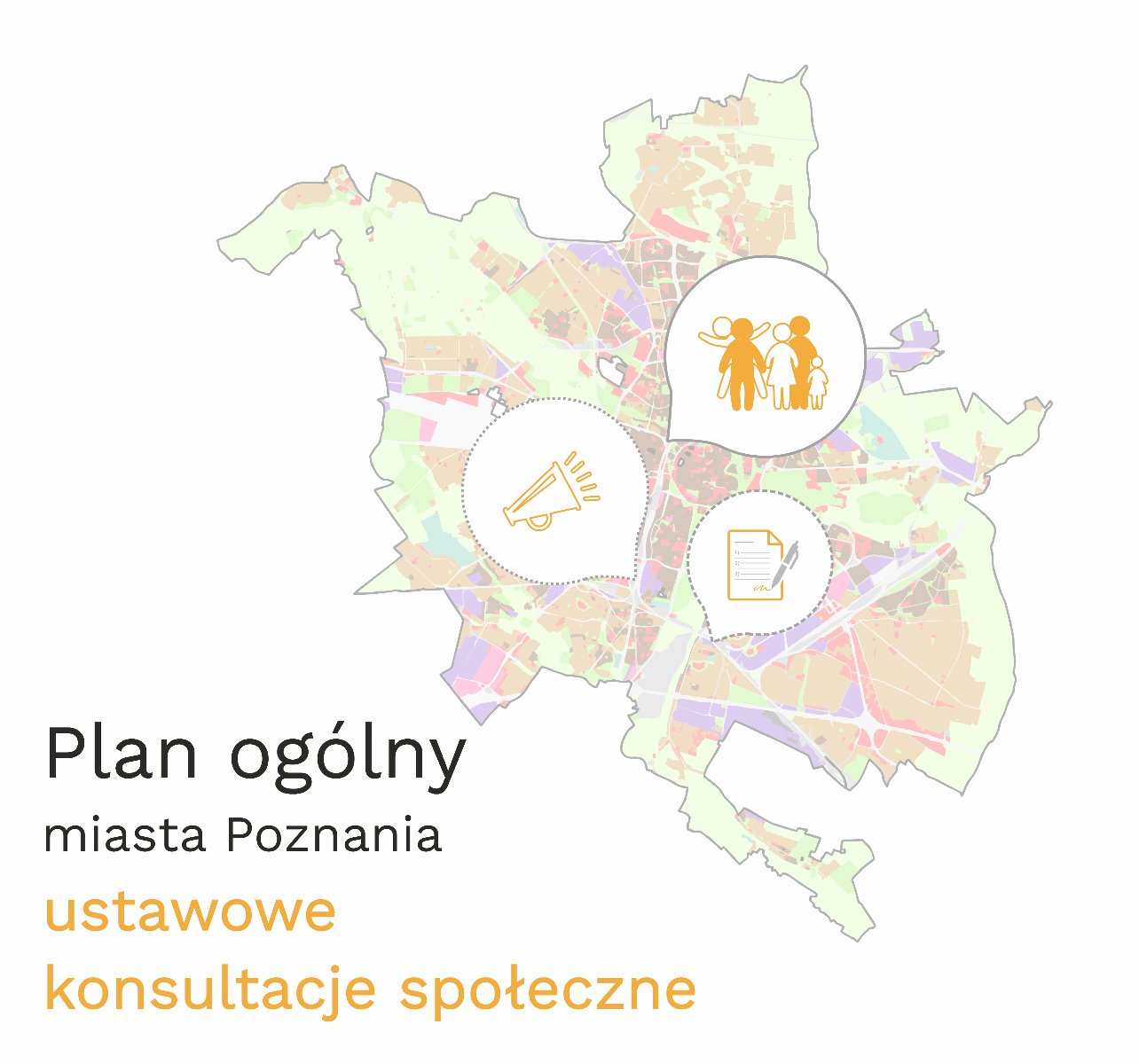 Grafika ogłaszająca rozpoczęcie etapu ustawowych konsultacji społecznych projektu Planu ogólnego miasta Poznania