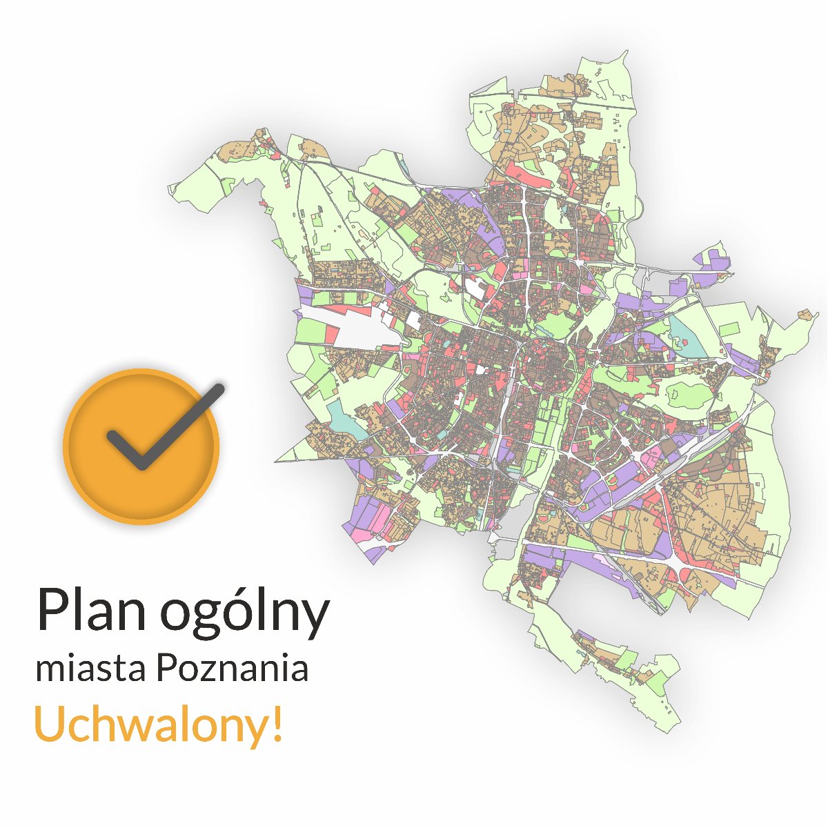 Grafika ogłaszająca uchwalenie Planu ogólnego miasta Poznania