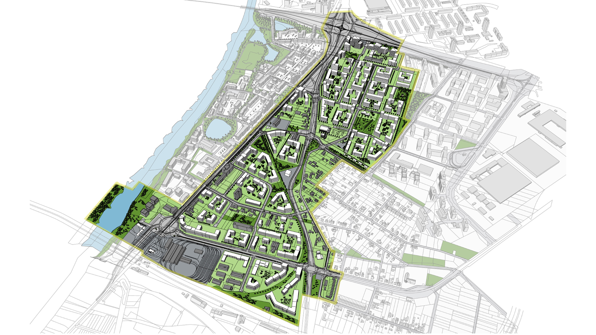 Wizualizacja przedstawiająca koncepcję zagospodarowania terenu zgodną z projektem planu - widok z lotu ptaka.
