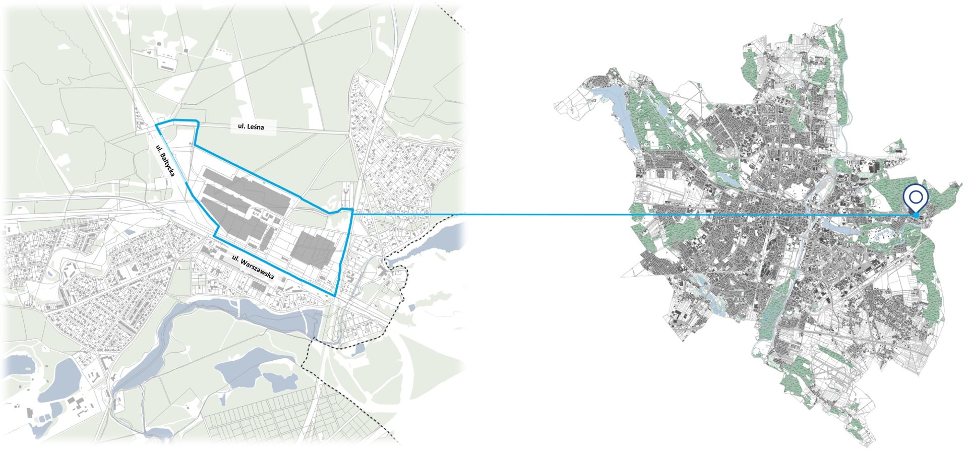 Grafika przedstawiająca lokalizację opracowywanego planu. Po prawej stronie znajduje się mapa z granicą Poznania i zaznaczonym trenem. Po lewej stronie powiększenie obejmujące granicę planu w opracowaniu.